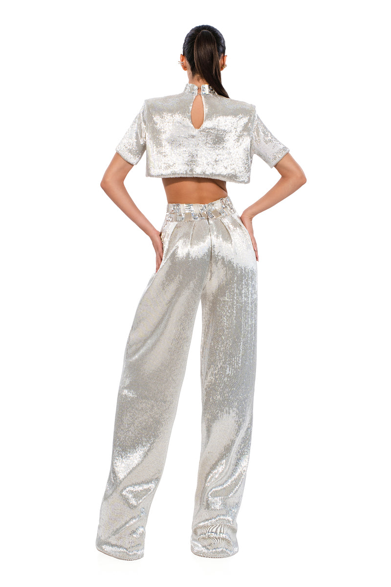 SILVER CRYSTAL PLEATED TROUSERS – ALBINA DYLA