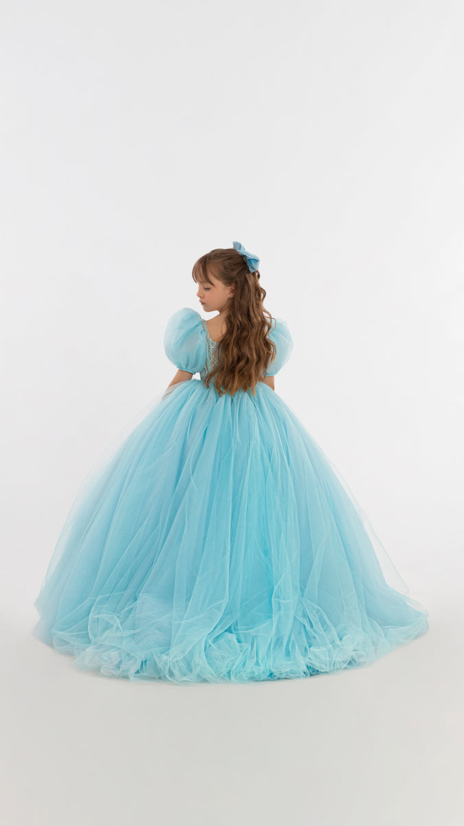 Long Blue Dress With Puffy Sleeves For Girls 4y
