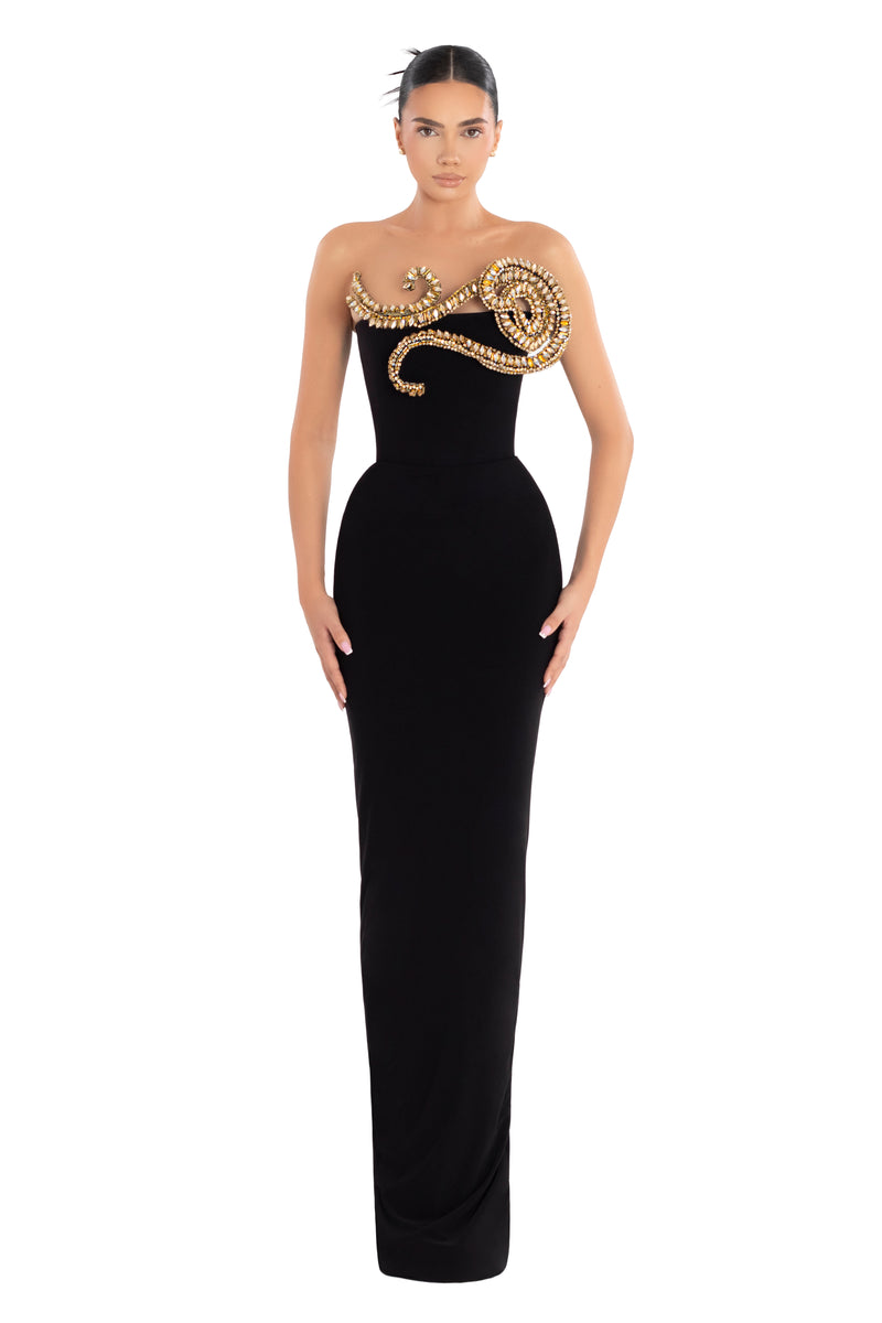 Black Evening Dress with Gold Embellishment – ALBINA DYLA