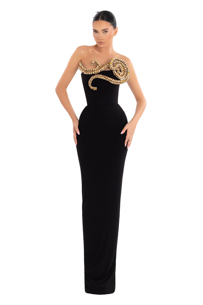 Black Evening Dress with Gold Embellishment – ALBINA DYLA