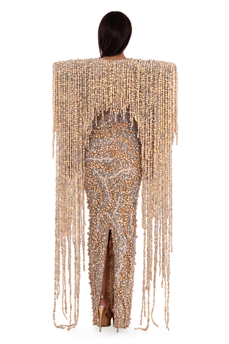 Maxi Dress With Extreme Beaded Shoulder Pads – ALBINA DYLA