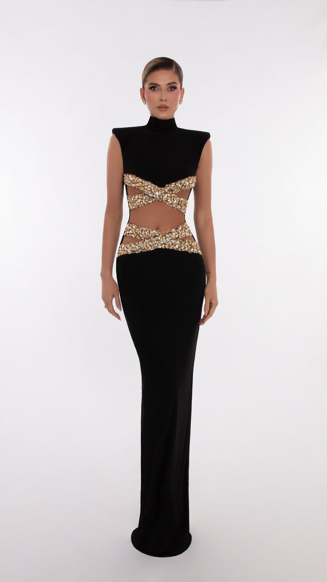 Gold X Beads Embellished Black Dress – ALBINA DYLA