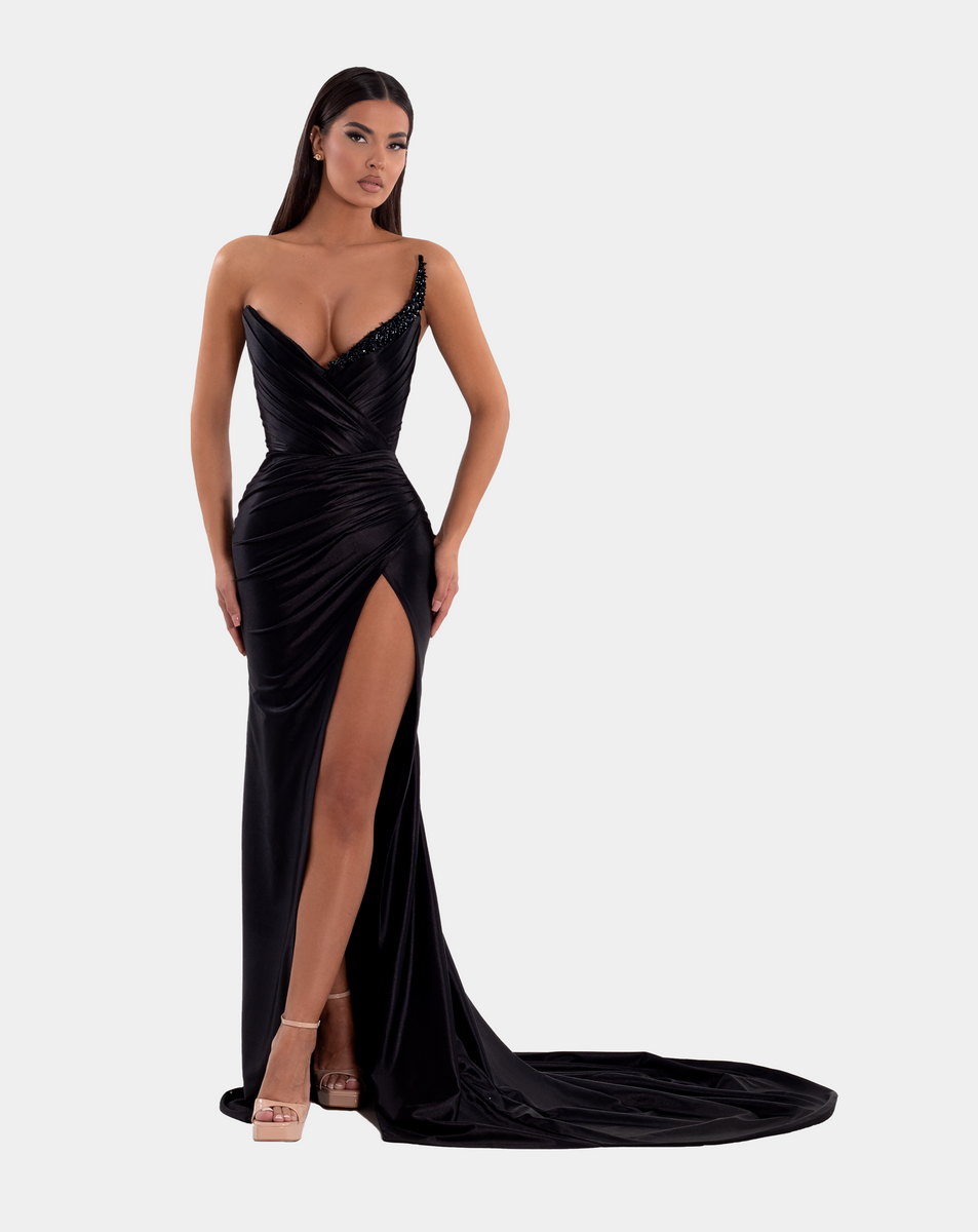 Short Black Dress with High Neck and Side tail – ALBINA DYLA