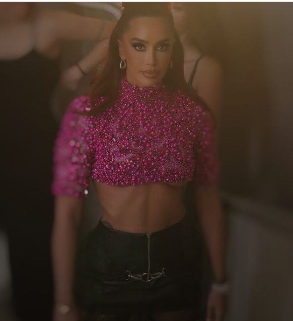 Dafina Zeqiri Shines in Albina Dyla's Beaded Pink Crop