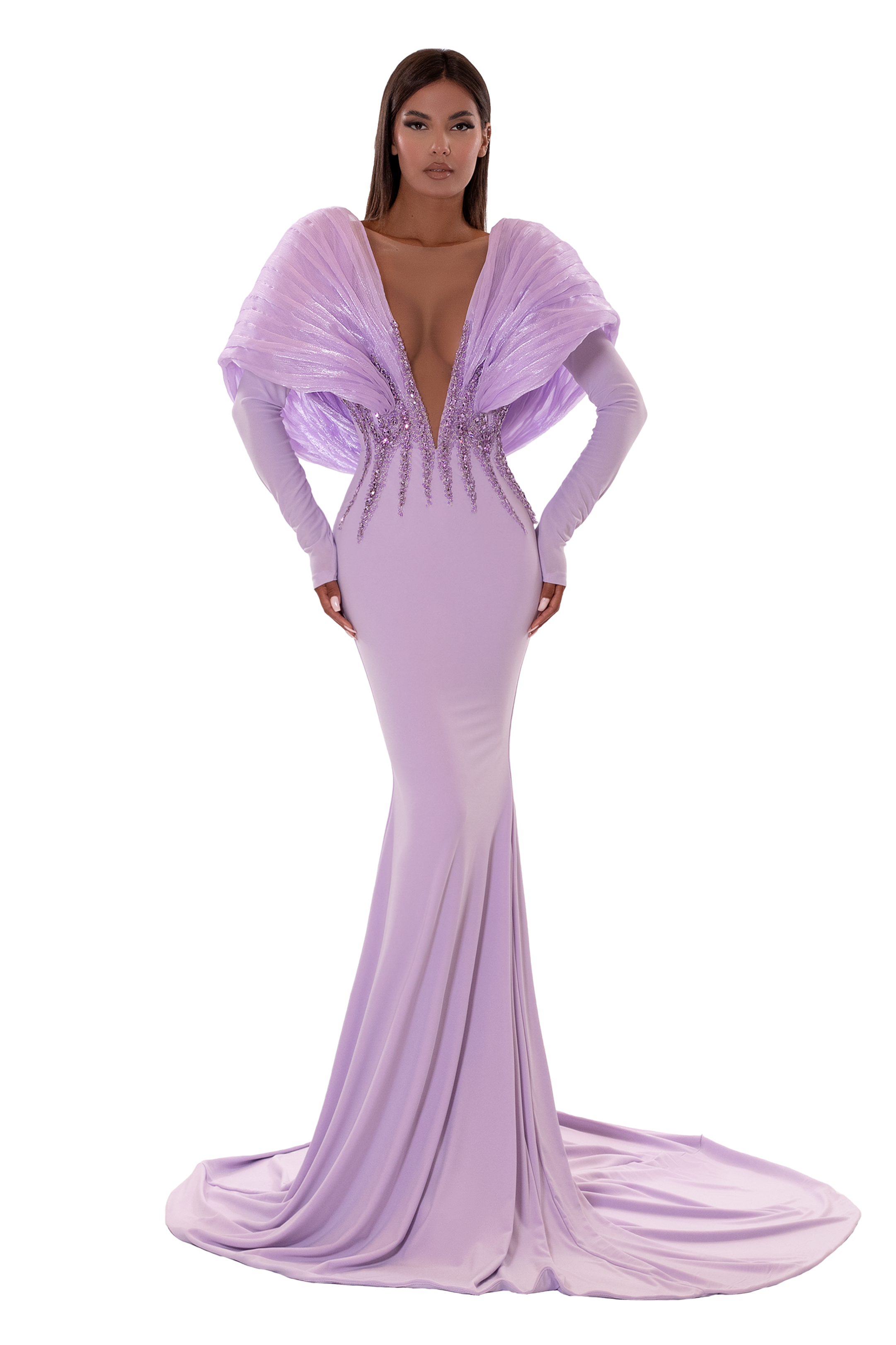lilac long dress with sleeves Lilac Long sleeves Overskirt A-line Evening Dresses
