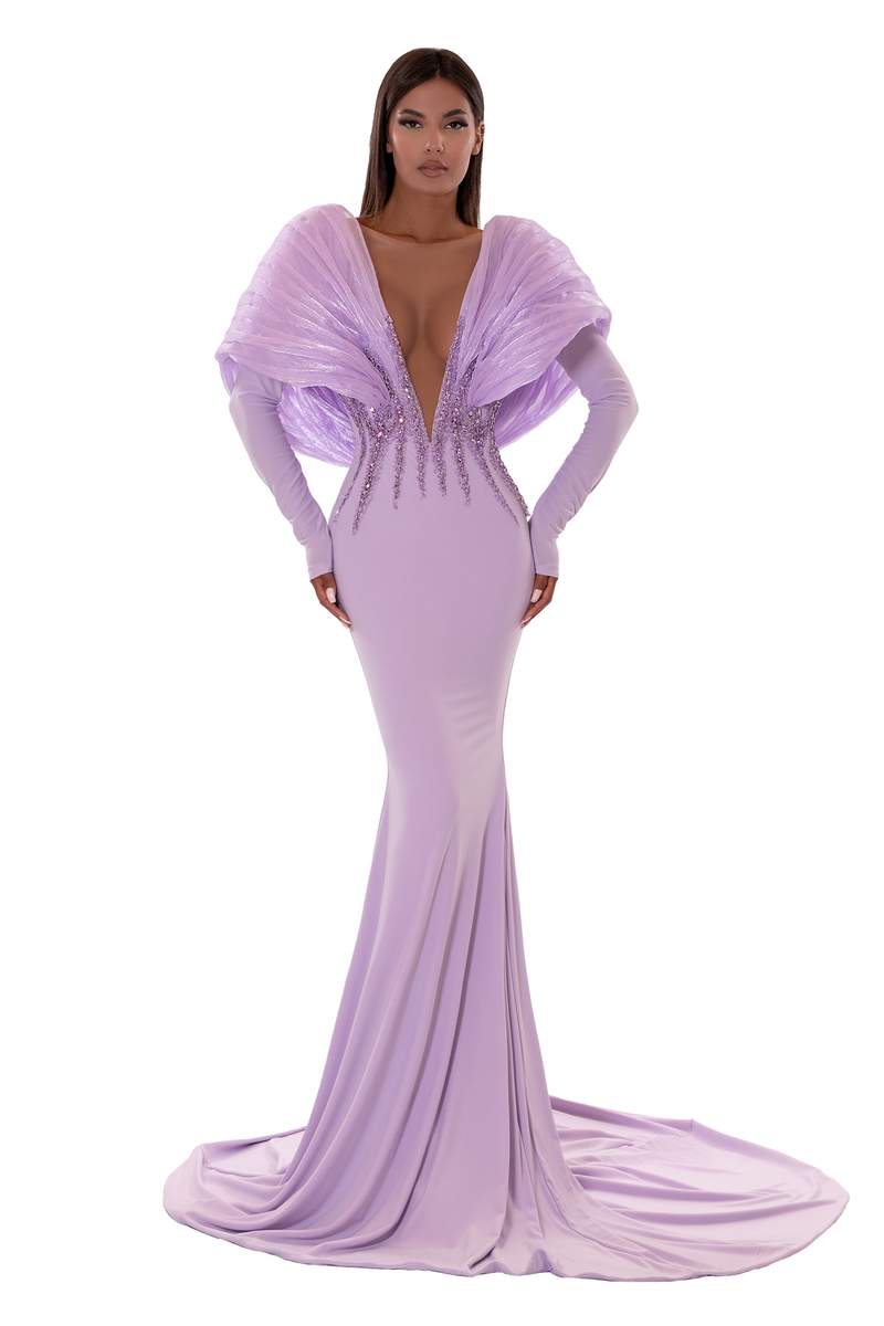 LILAC PUFF SLEEVES AND V- NECK LONG DRESS  ALBINA DYLA