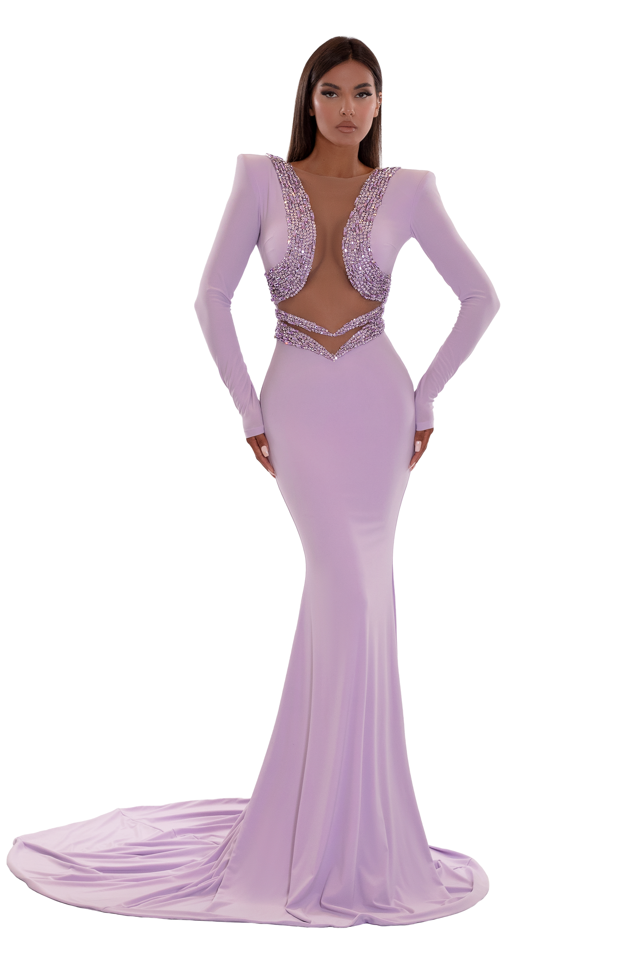 OPEN CHEST LILAC DRESS WITH LONG TAIL ALBINA DYLA OPEN CHEST LILAC DRESS WITH LONG TAIL ALBINA DYLA