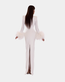 LONG WHITE DRESS AND FEATHER ON SLEVEES
