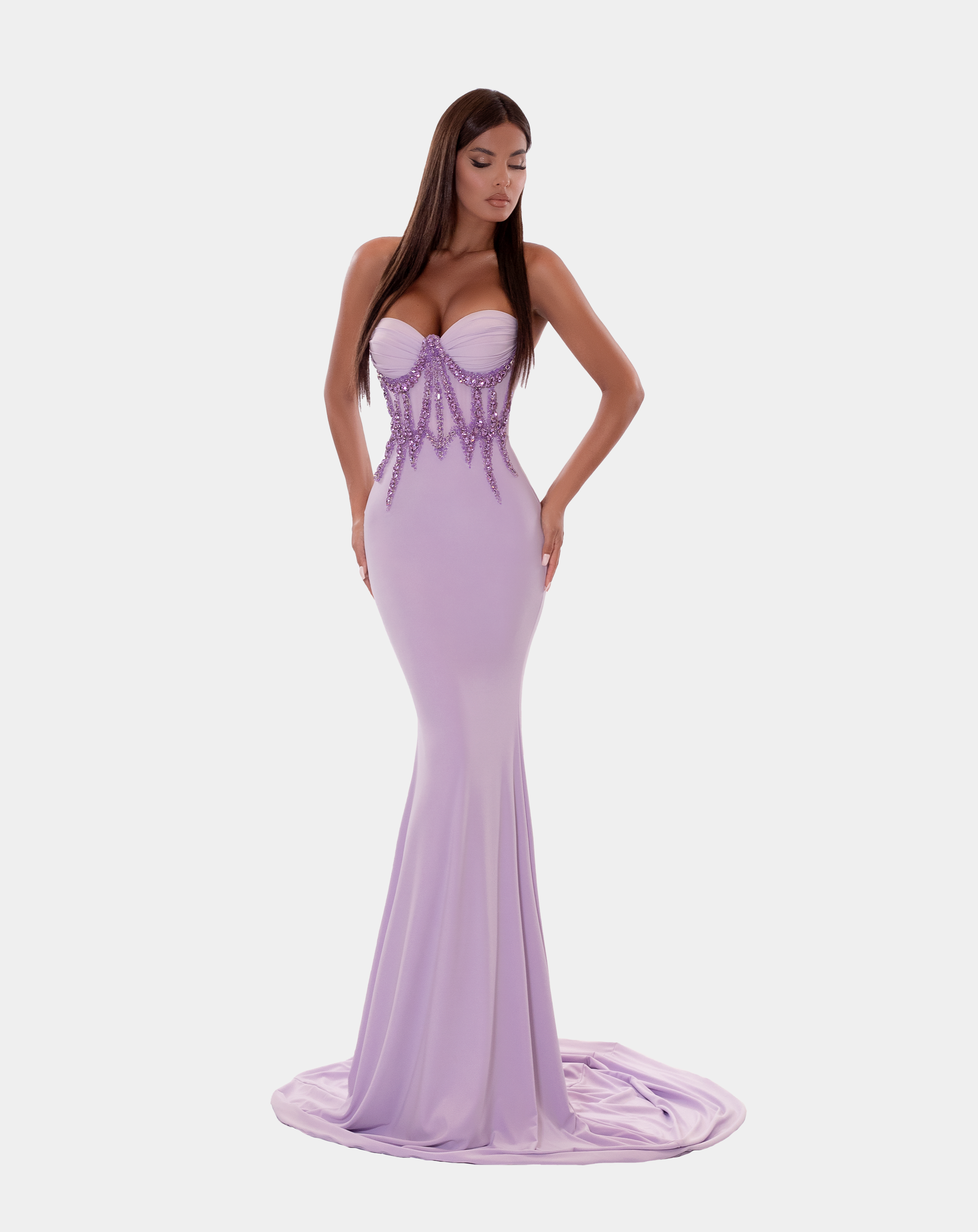 EMBELLISHED CORSET LONG DRESS IN LILAC – ALBINA DYLA