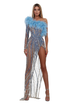 Long Blue one sleeved feathered dress