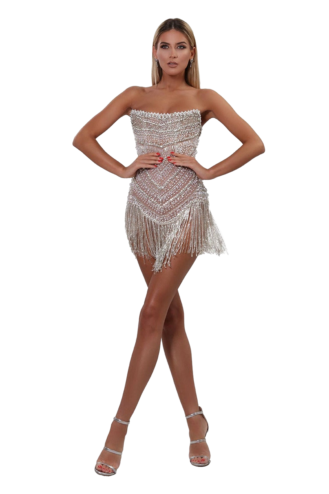 albina dyla bella silver beaded dress Albina Dyla Short One Sleeve Silver Beaded Dress Size S
