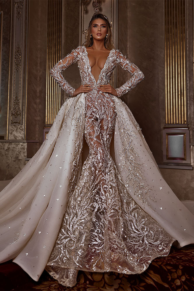 mermaid dress with detachable train Mermaid Wedding Dress with Detachable Train Off-Shoulder Sequined Satin Bridal Gown with Lace-up Back and Split Front from Dhgate Mermaid Wedding Dresses