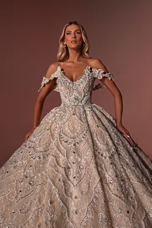 Embroidered Off Shoulder Bridal Long Dress