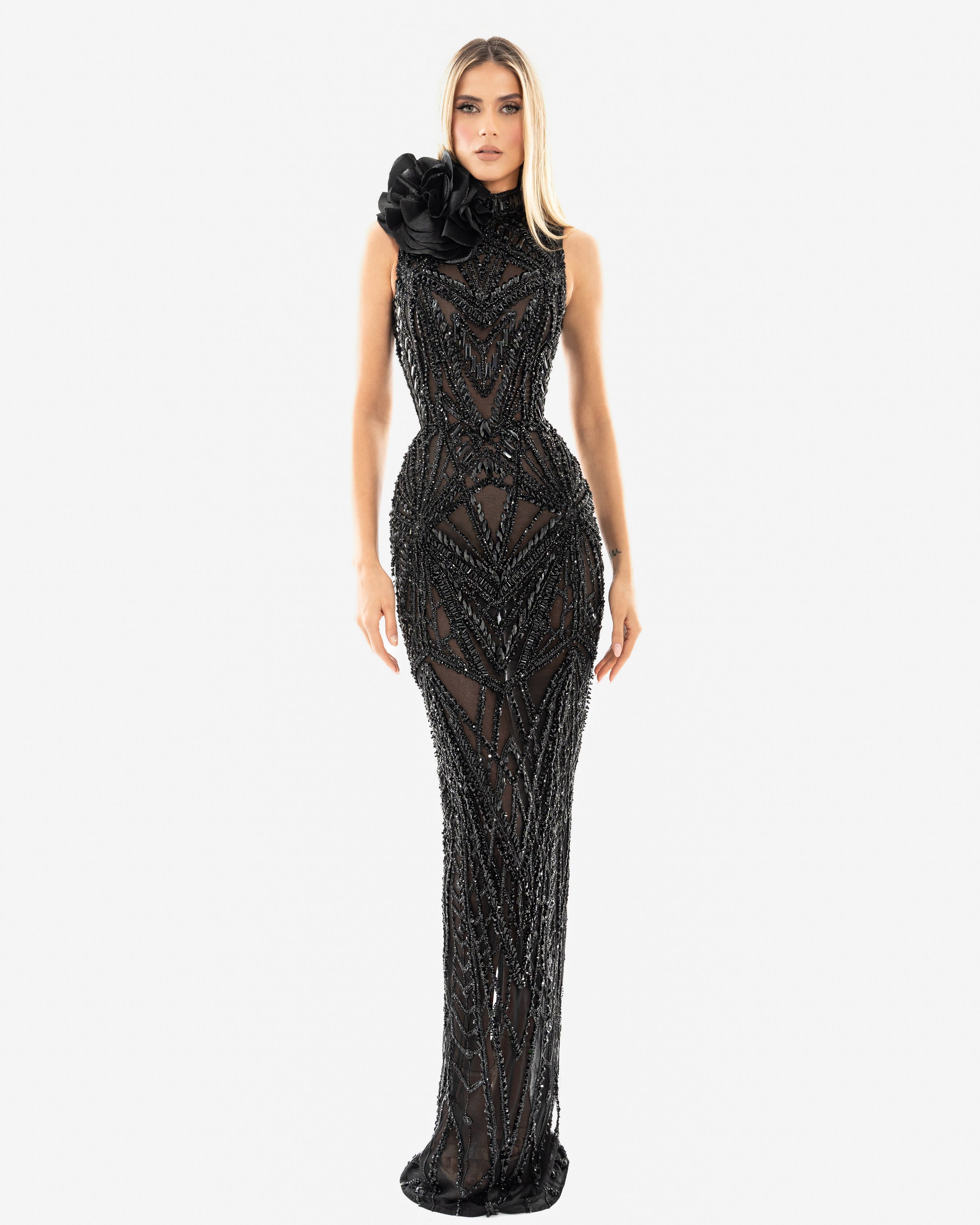 High-Neck Black Dress with flower detail – ALBINA DYLA