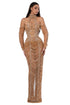 Nude High-Neck Gown with Draped Beadwork