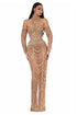 Nude High-Neck Gown with Draped Beadwork