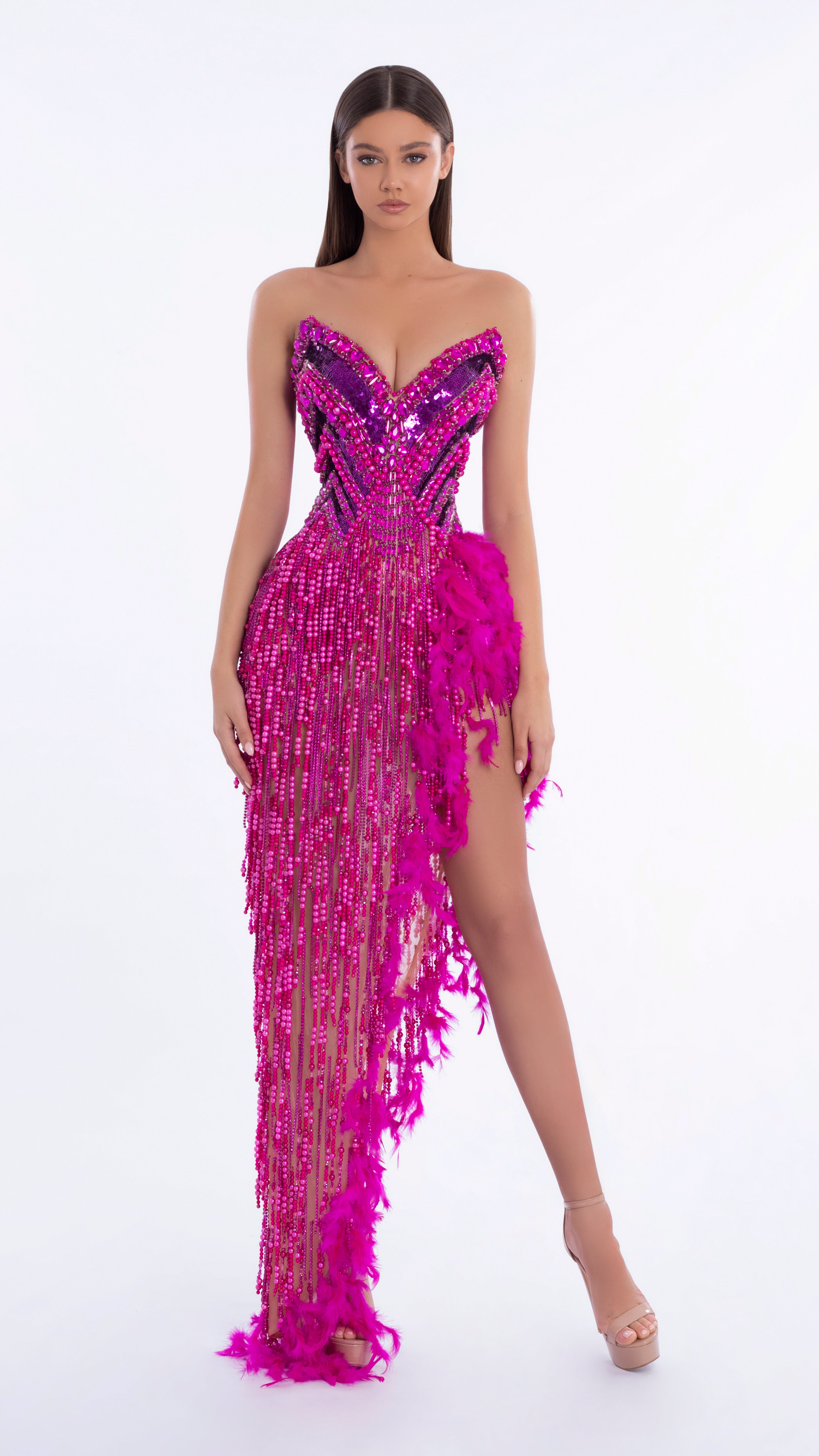 Corset Style Pink Evening Dress with High Side Slit – ALBINA DYLA