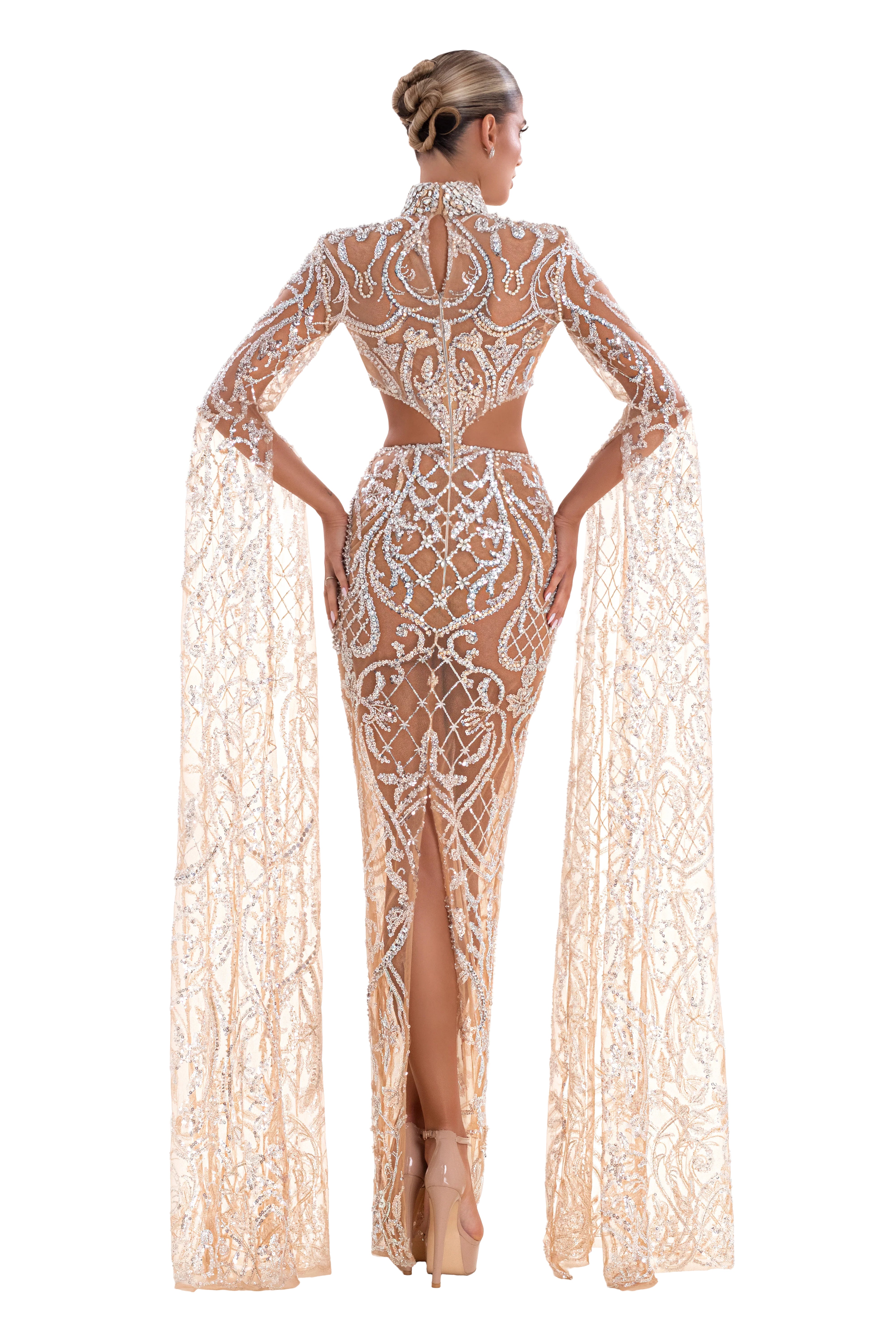 Embellished Nude Long Dress – ALBINA DYLA