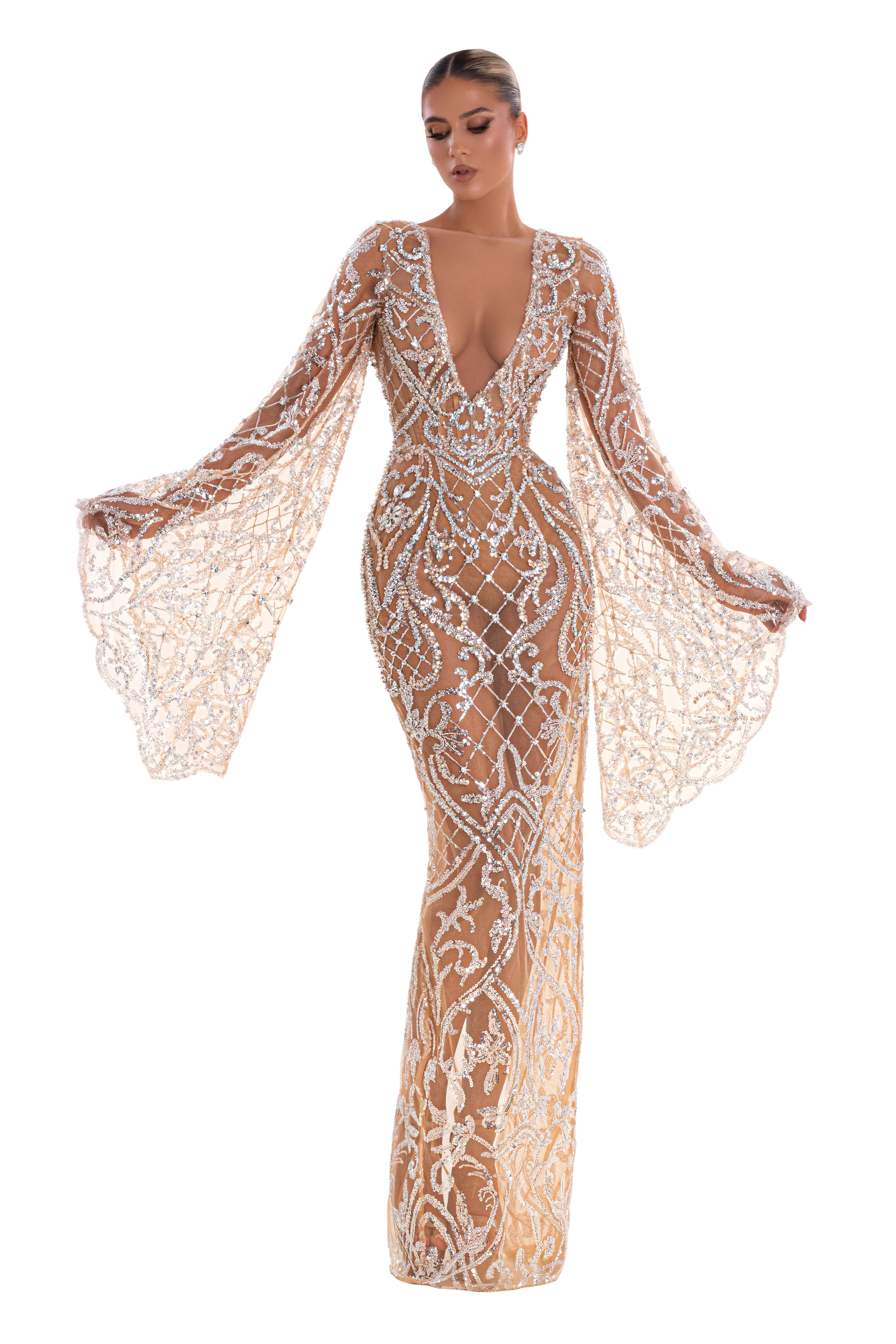 albina dyla dresses Tulle Embroidered Dress Blush Silhouette Long Sleeve 2x Long Dresses