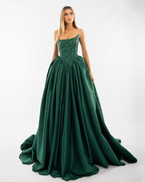 Bead Taffeta High Low Long Dress In Teal Sapphire Gold