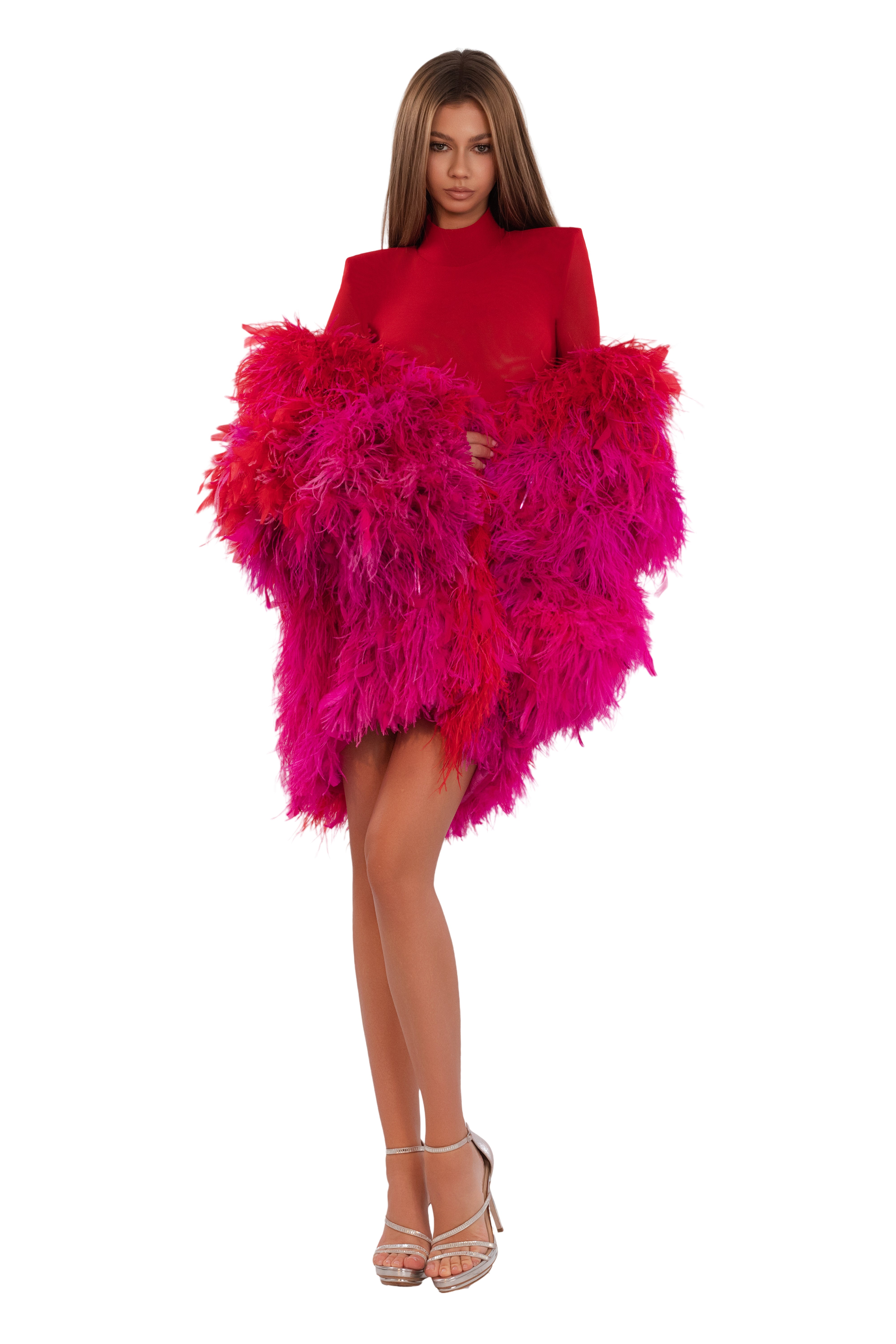 Crimson-Pink Feather Mini Dress 4XL Crimson-Pink Feather Mini Dress 4XL
