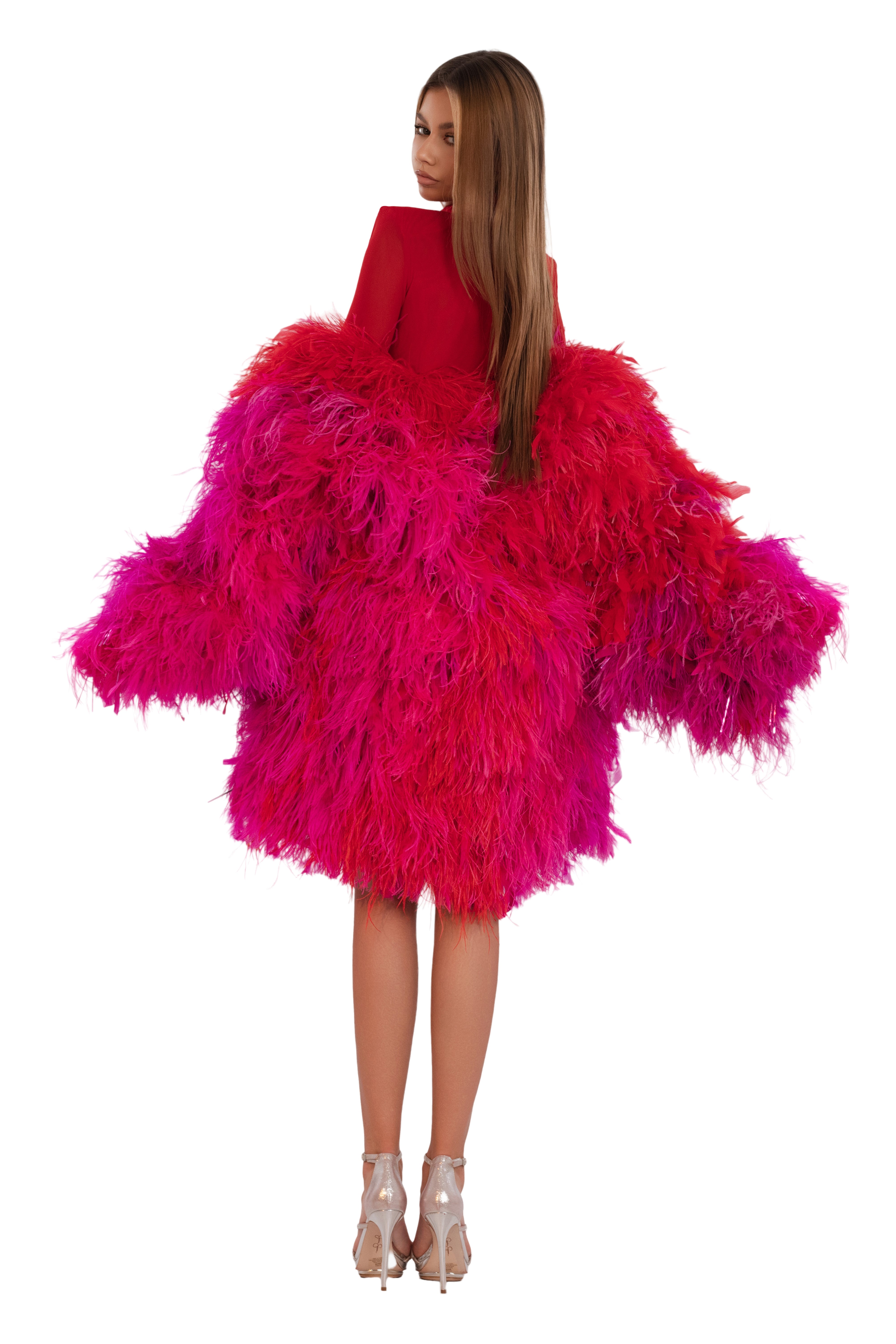 Crimson-Pink Feather Mini Dress 4XL