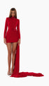 Red Draped Mini Dress with Train