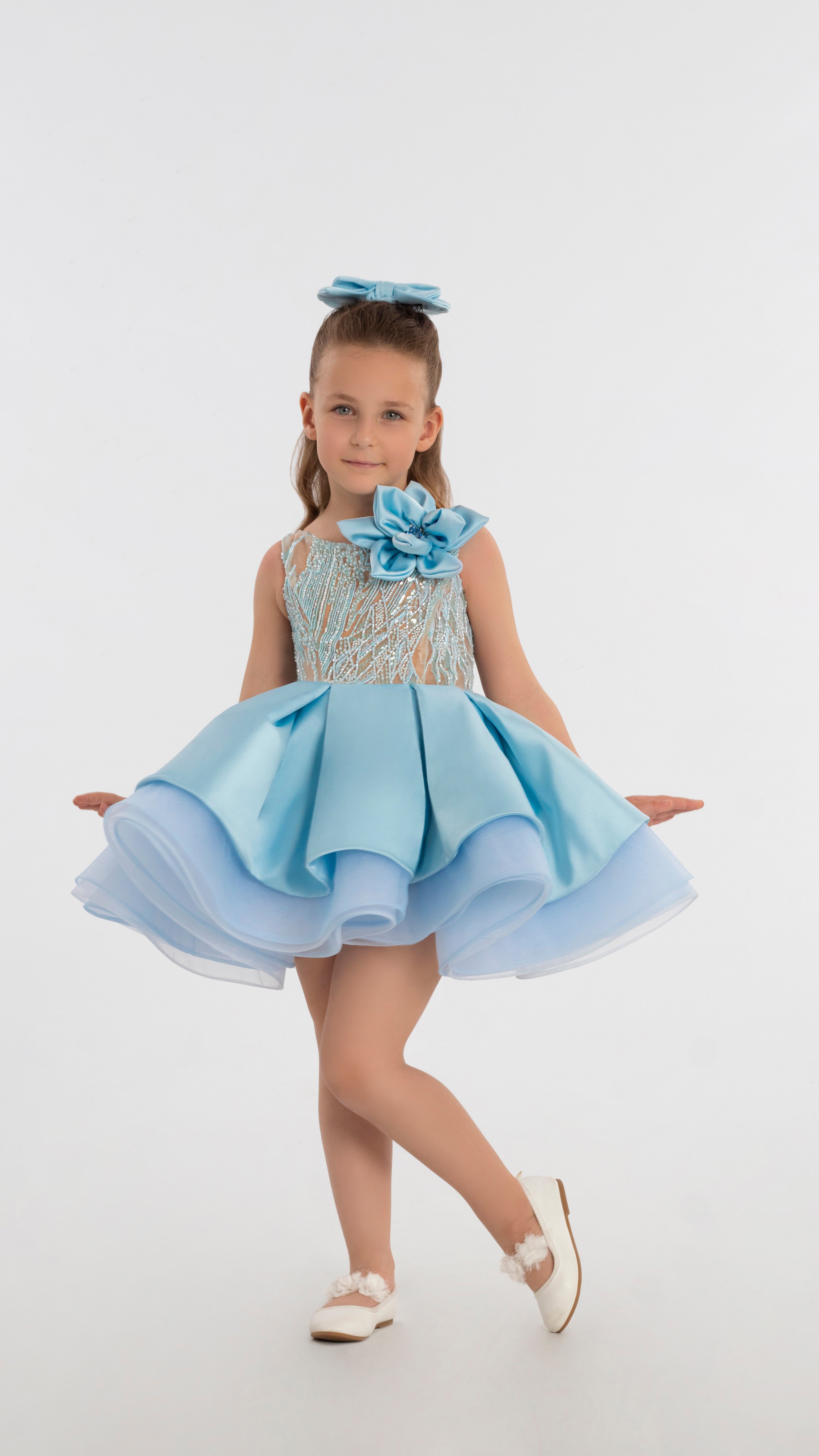 Blue Short Dress With Flower Details For Girls ALBINA DYLA Blue Short Dress With Flower Details For Girls ALBINA DYLA