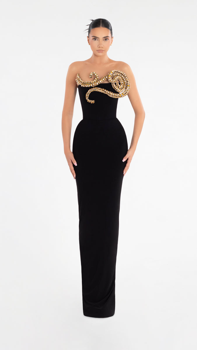 O-Ring Embellished Black Midi Dress | Gold Detail Slit Elegance