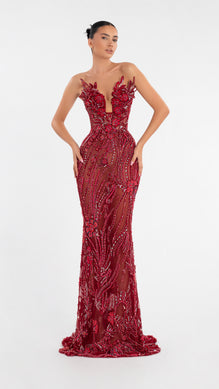Red Long Dress With Flower Embellishment – ALBINA DYLA