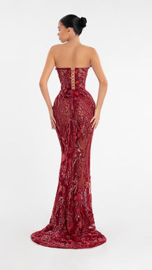 Red Long Dress With Flower Embellishment – ALBINA DYLA