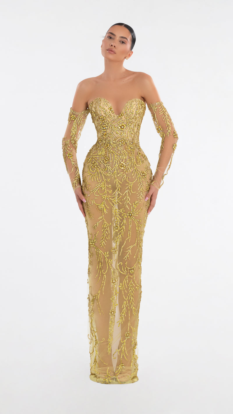 Gold Corset Dress with Long Sleeves – ALBINA DYLA