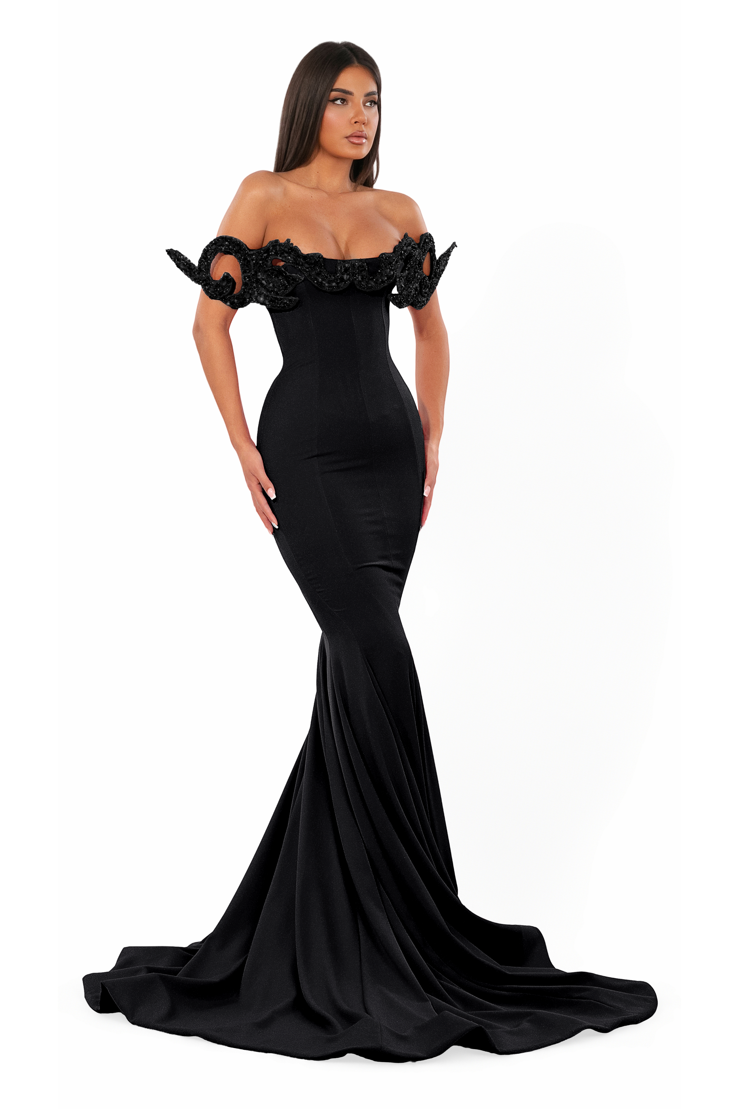 Long Black Siren Dress with Embroidered Off-Shoulder Details Long Black Siren Dress with Embroidered Off-Shoulder Details