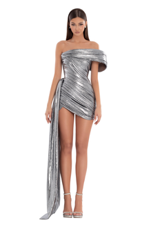knee length dresses for ladies Metallic Off-Shoulder Ruched Mini Dress