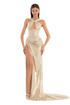 Front Detail Metallic Nude Dress