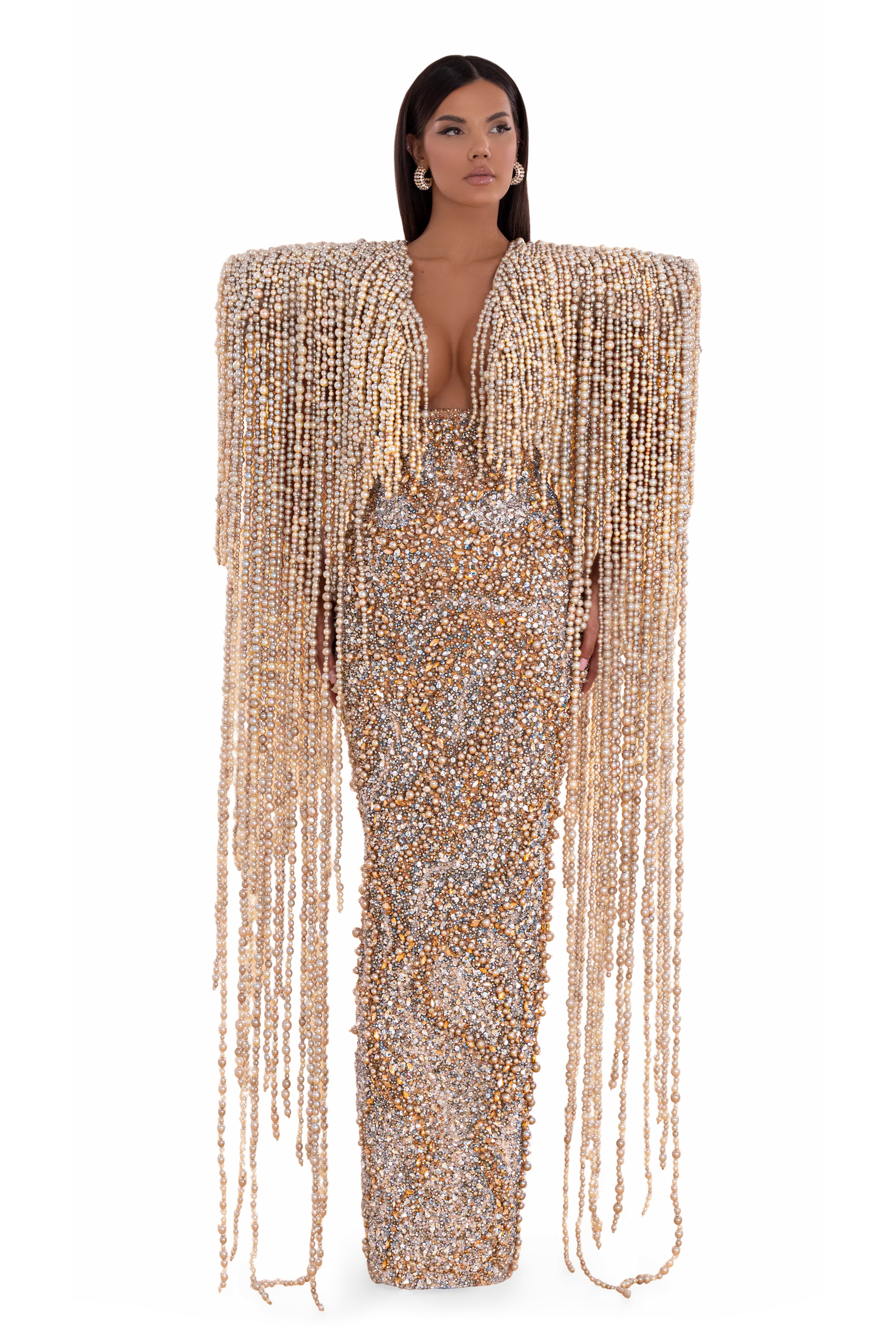 Maxi Dress With Extreme Beaded Shoulder Pads S Maxi Dress With Extreme Beaded Shoulder Pads S