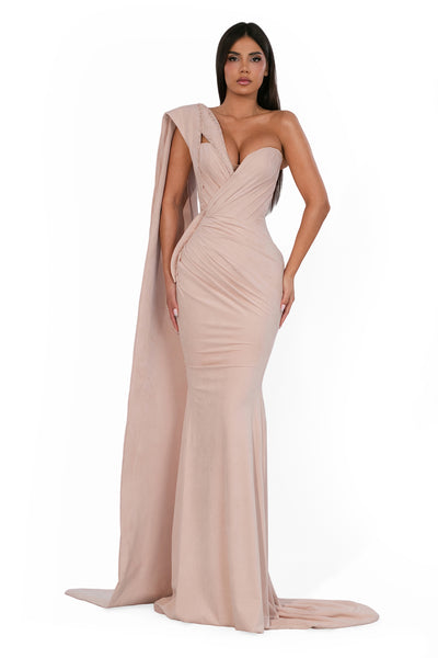 one shoulder dress with cape One-Shoulder Cape Gown – ALBINA DYLA
