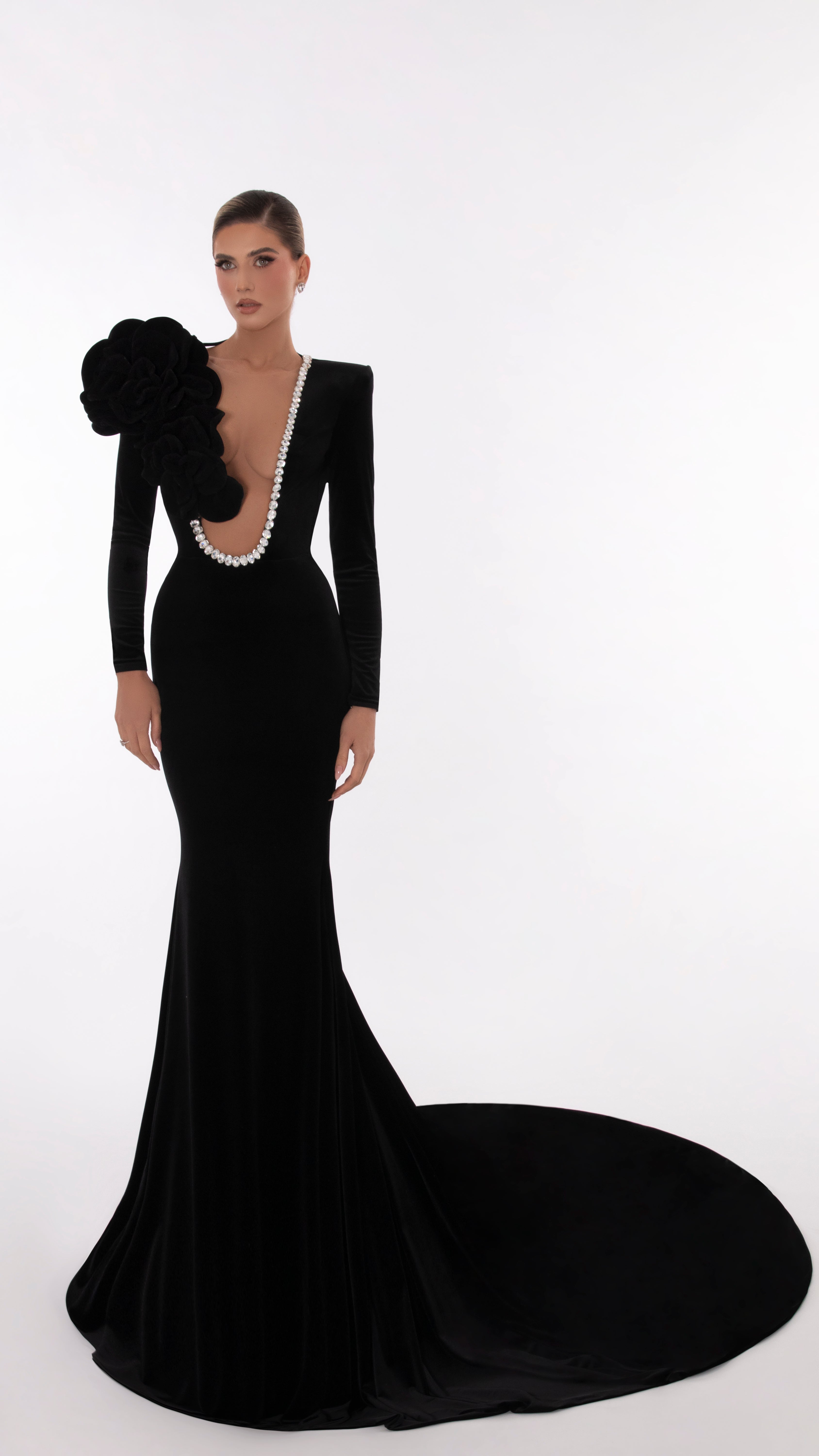 Backless velvet dress with handmade flower (US Edition) ALBINA DYLA Backless velvet dress with handmade flower (US Edition) ALBINA DYLA