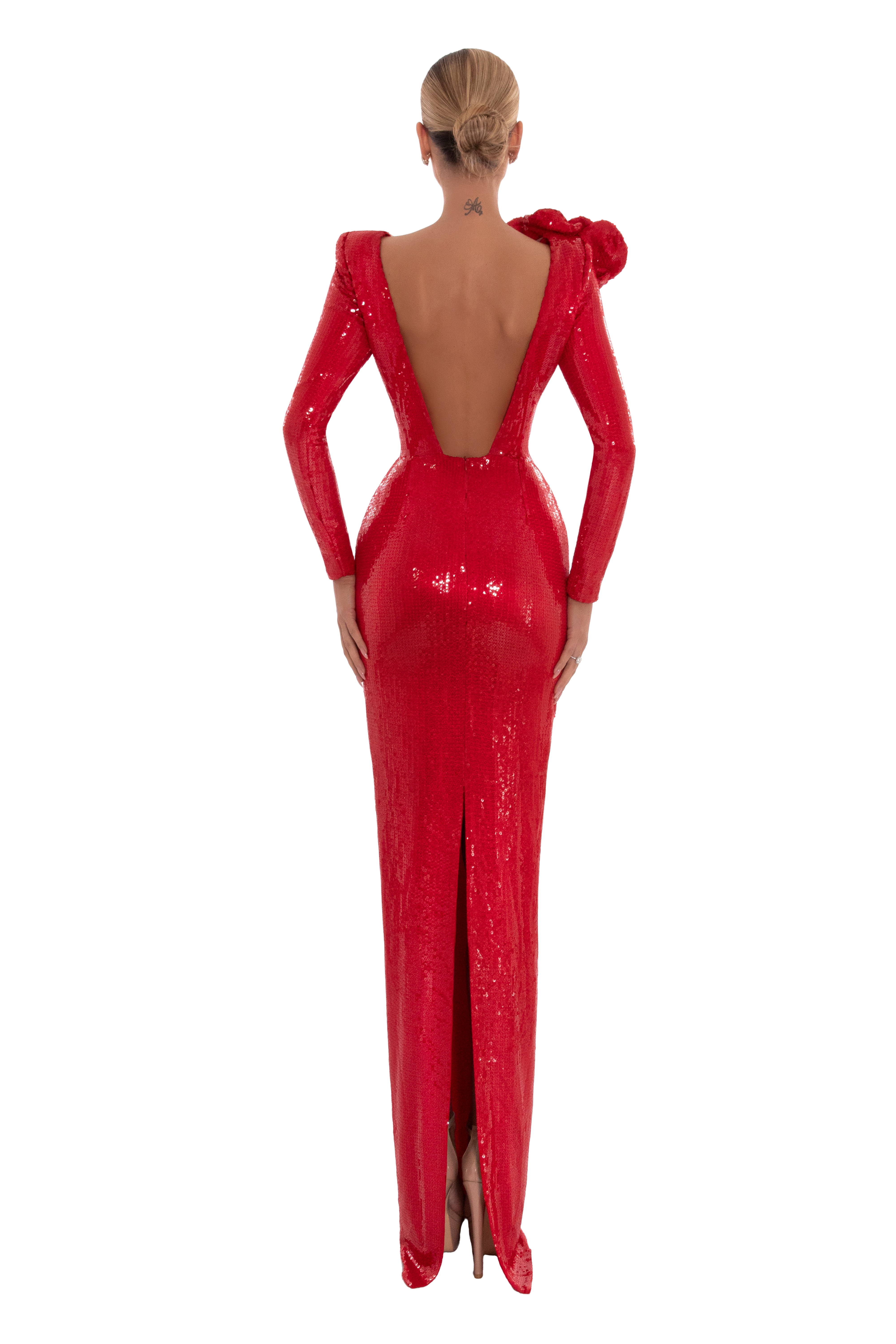 V- neck sequins red dress with embroidered flowers ALBINA DYLA V- neck sequins red dress with embroidered flowers ALBINA DYLA