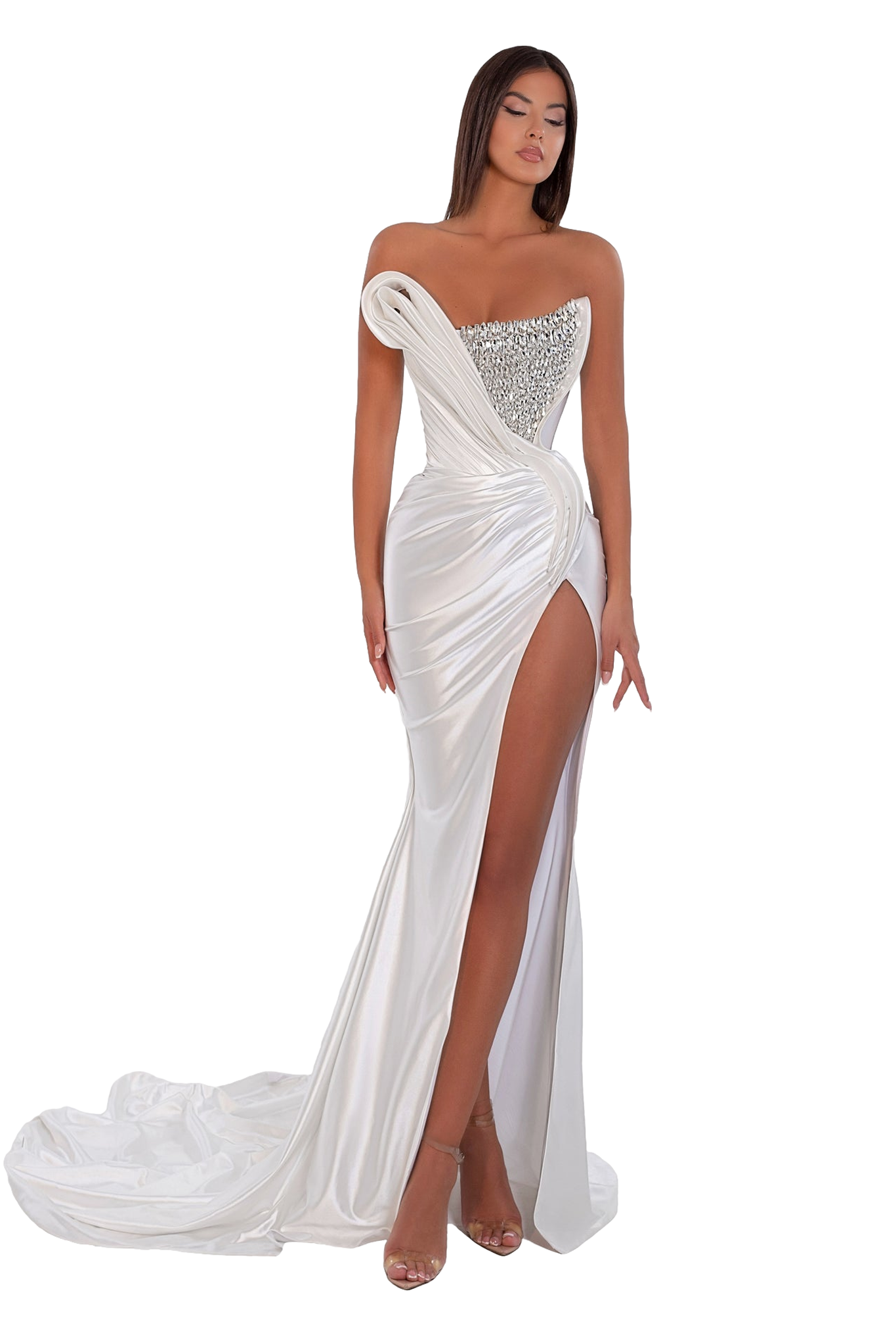 White Stretch Long Dress With Crystals XXS