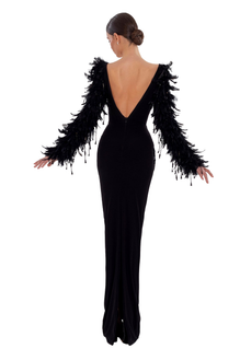 Black Dress With Crystal And Feather Sleeves  ALBINA DYLA