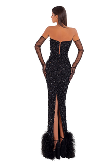 Beads & Feather Long Black Dress ALBINA DYLA Beads & Feather Long Black Dress ALBINA DYLA