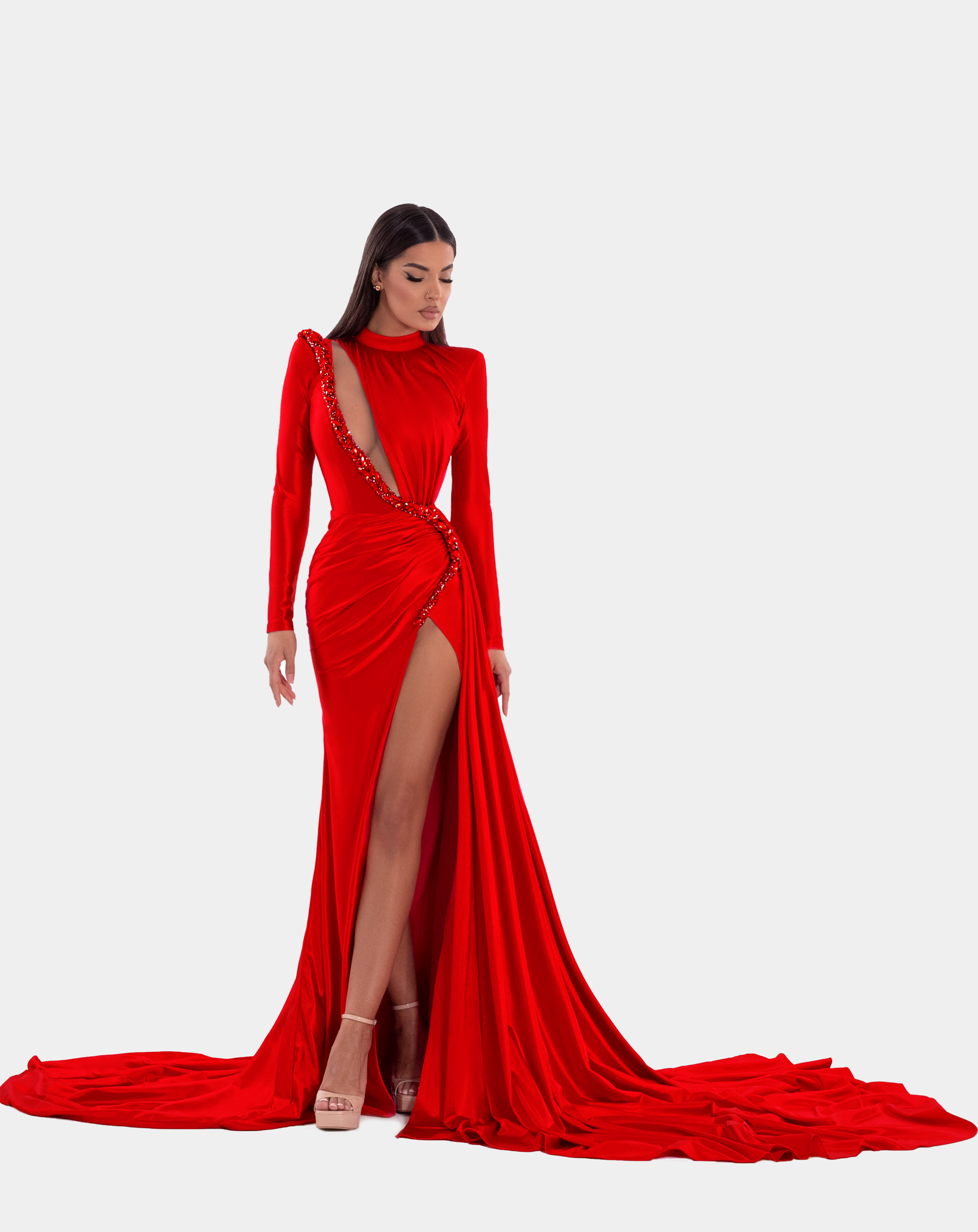 High neck red shop gown
