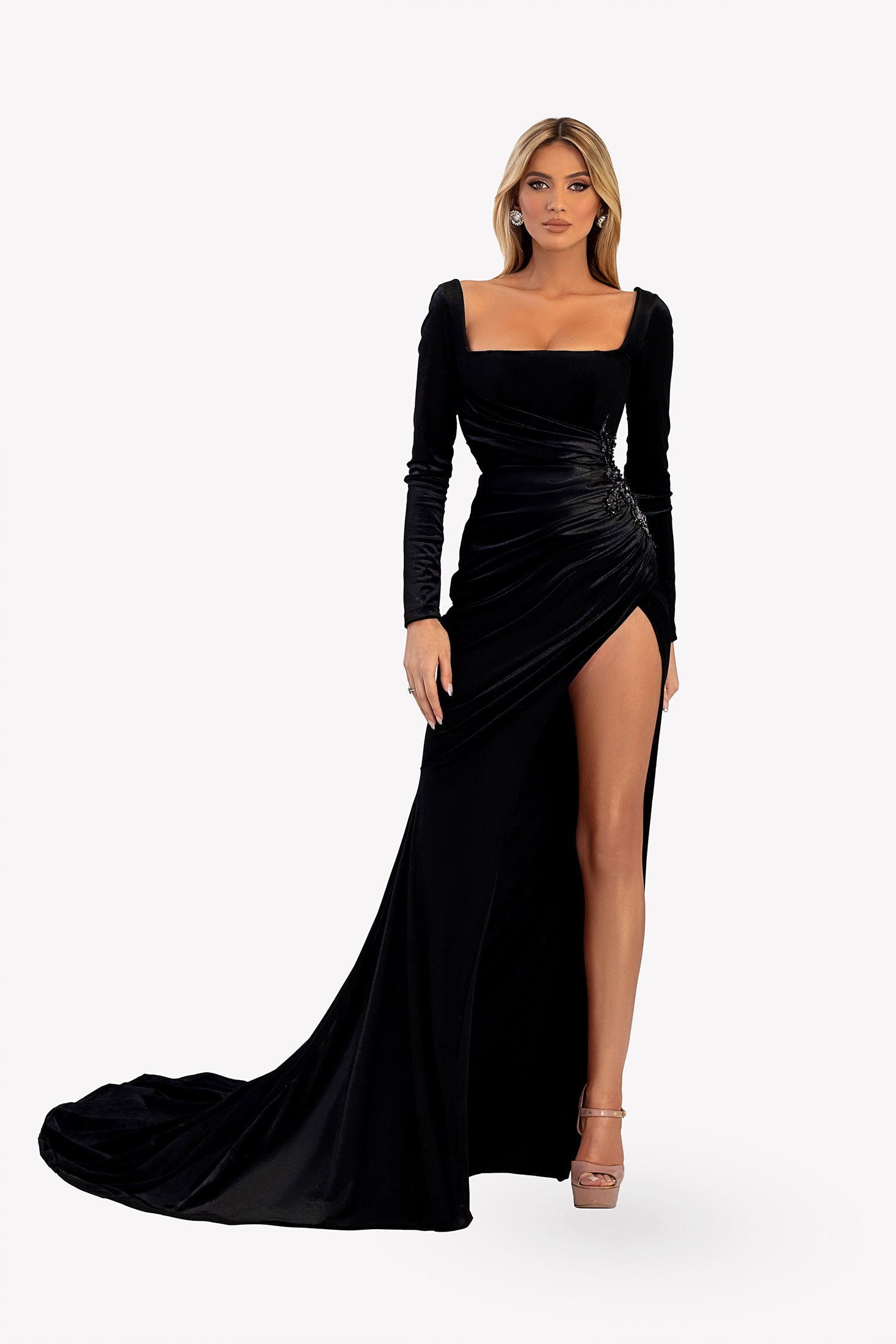 Shirred Velvet Gown With Elbow-Length Sleeves In Midnight | Adrianna Papell