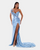 LONG BABY BLUE CORSET DRESS AND FEATHERS
