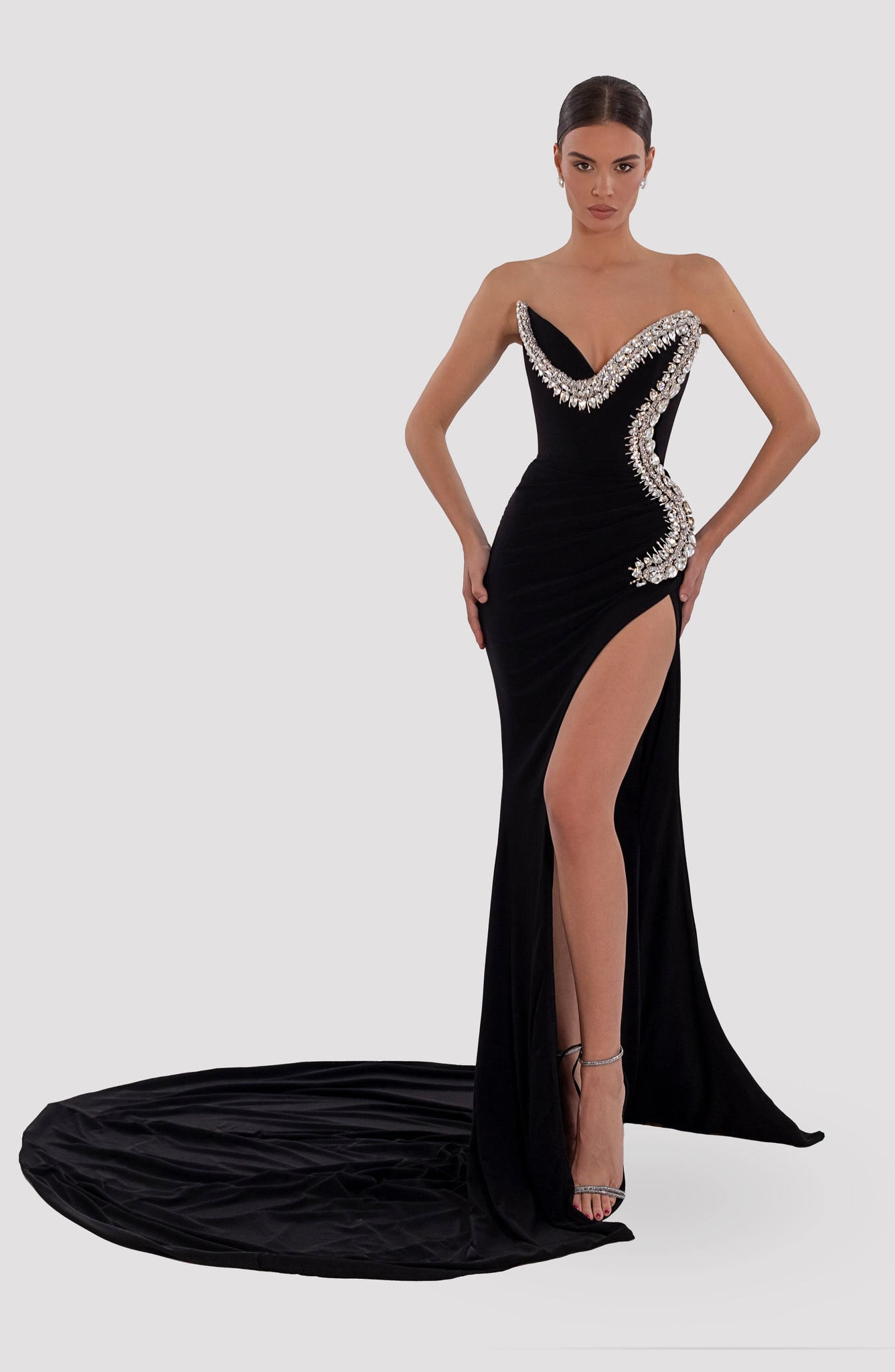 21793 - Sweetheart Thigh Slit Sheath Black Satin Prom Dress With Lace –  Laxag