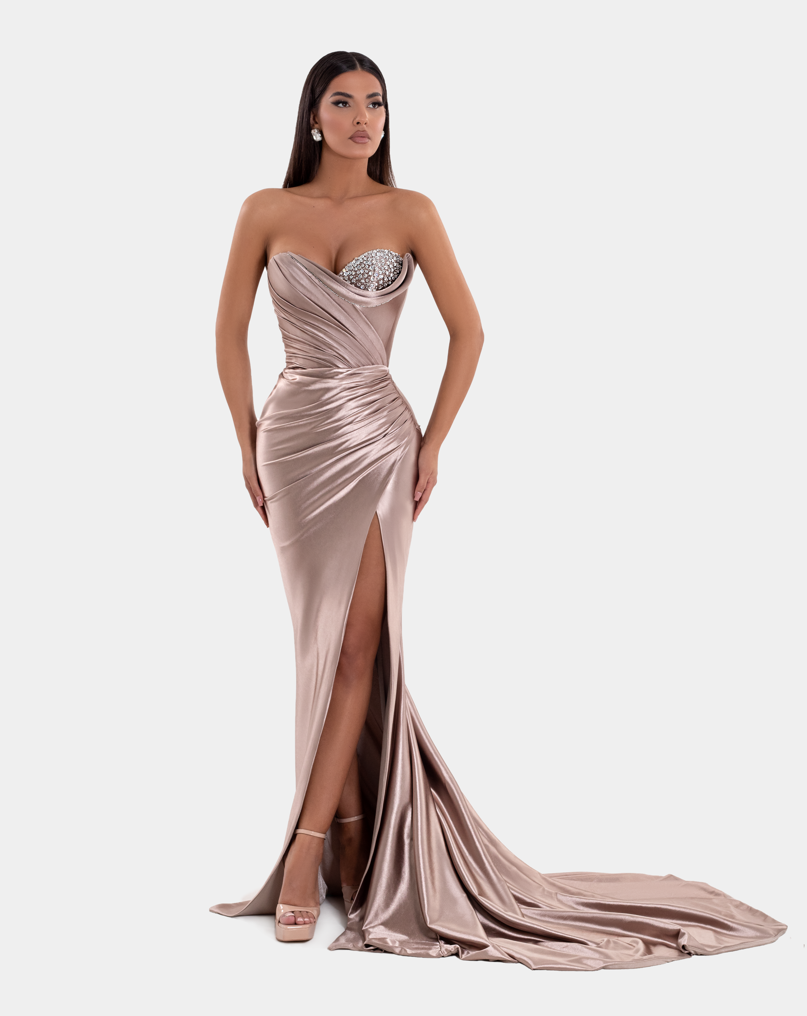 corset dress nude Rhinestone-Beaded Prom Dress: PromGirl Exclusive 250023 Nude / 00