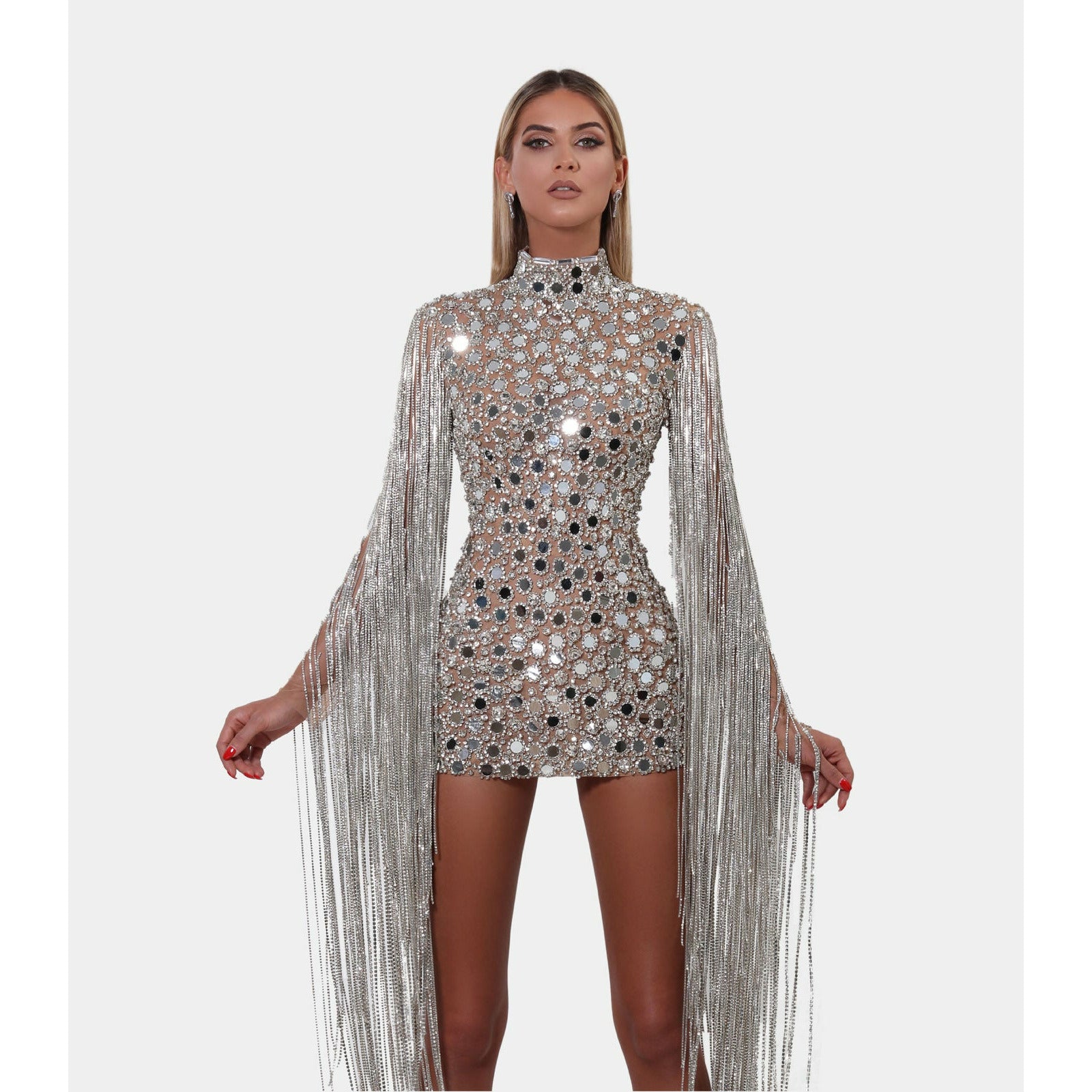 shopalbina2022 Short Mirror Silver Dress with Tassels Silver / 34