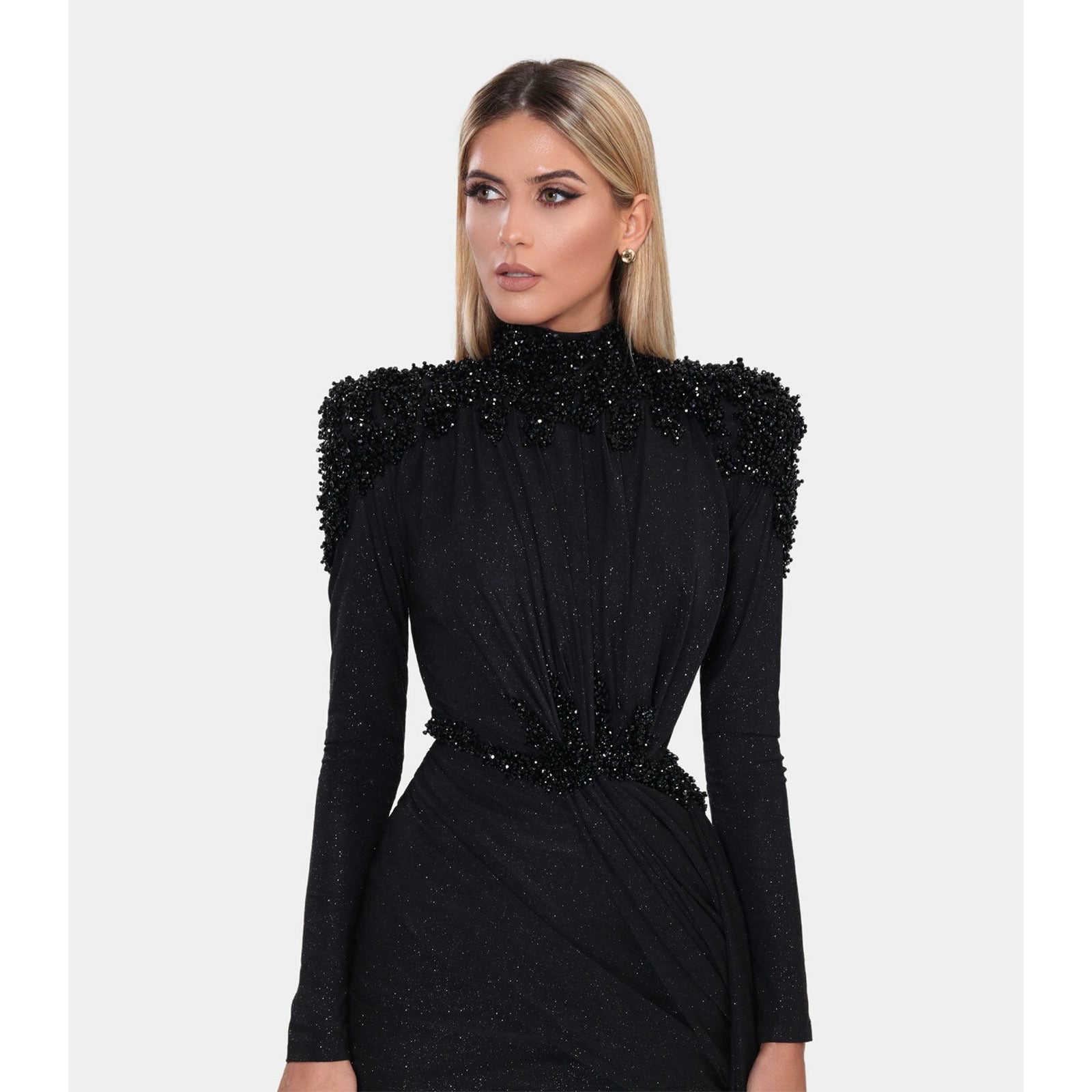 Maxi Black High Neck Dress Short Black Dress With High Neck And Side Tail ALBINA DYLA Maxi Black High Neck Dress Short Black Dress With High Neck And Side Tail ALBINA DYLA