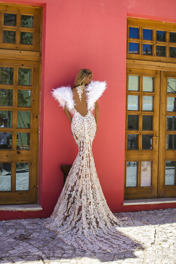 Bridal Elegant dress with broad feathered shoulders – ALBINA DYLA